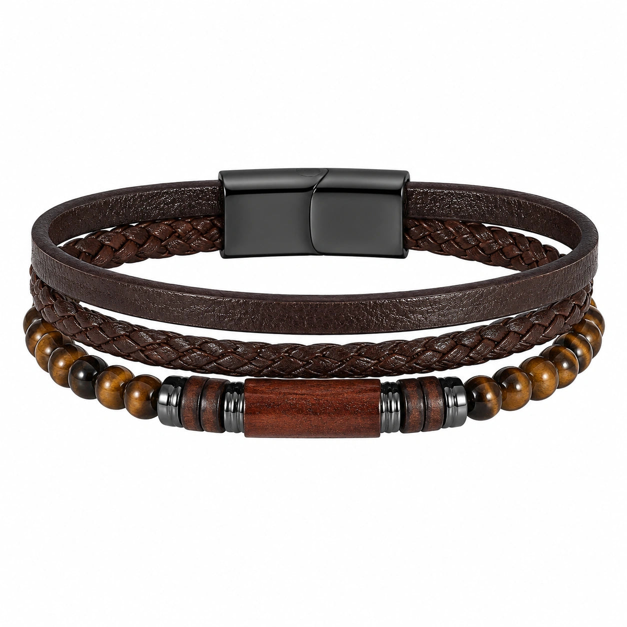 Bracciale Uomo Multistrato in Pelle e Perline Marrone