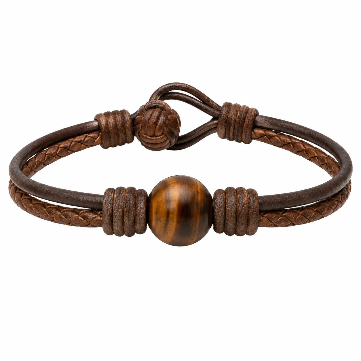 Bracciale intrecciato marrone con perla di occhio di tigre
