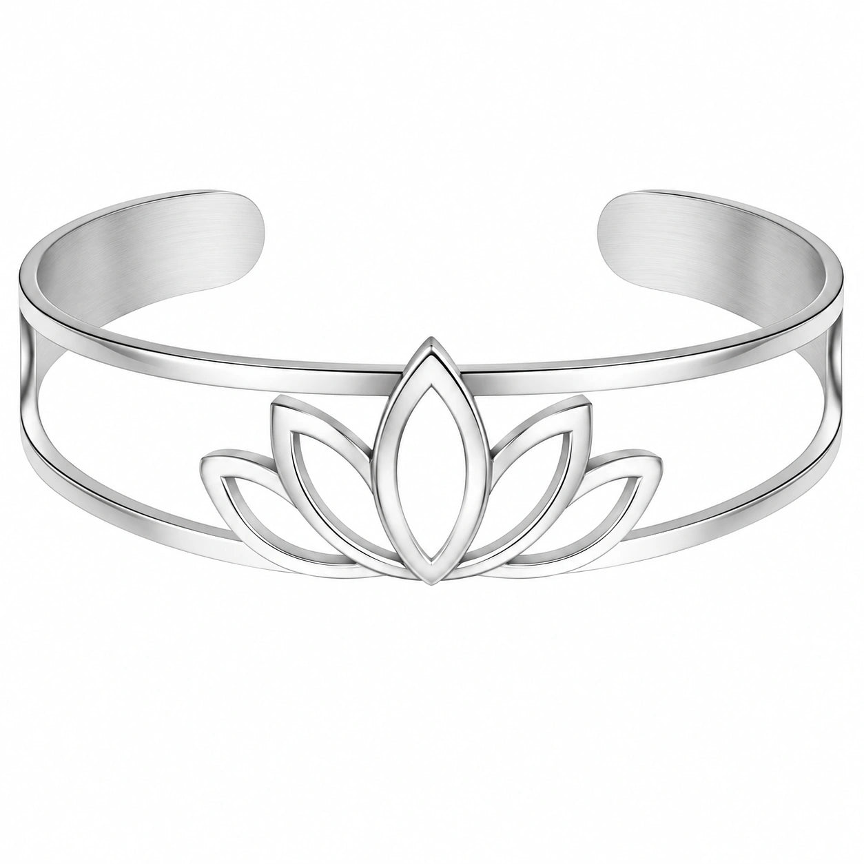 Bracciale rigido aperto con motivo fiore di loto in argento